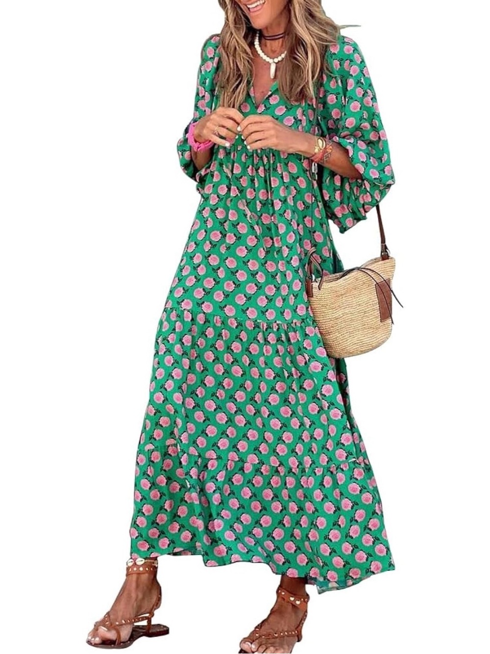 Green Floral Maxi Dress with Pink Blooms - Picture 1 of 5